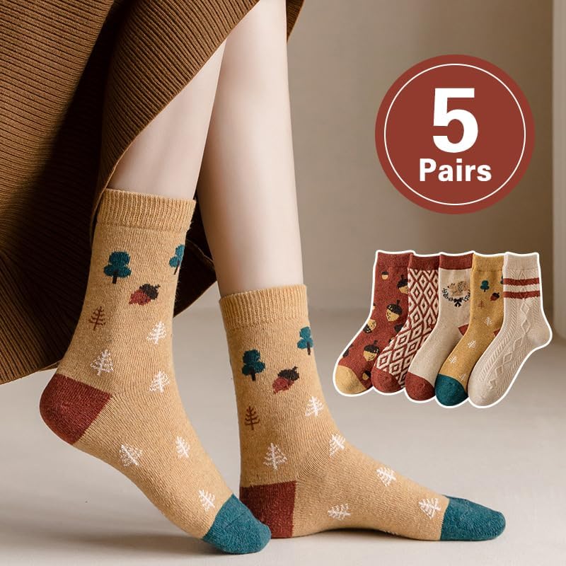 MarJunSep Wool Fall Boot Socks Women Teen Girls Thick Knit Vintage Cute Floral Cottage Core Boho Winter Warm Crew Socks - Image 2